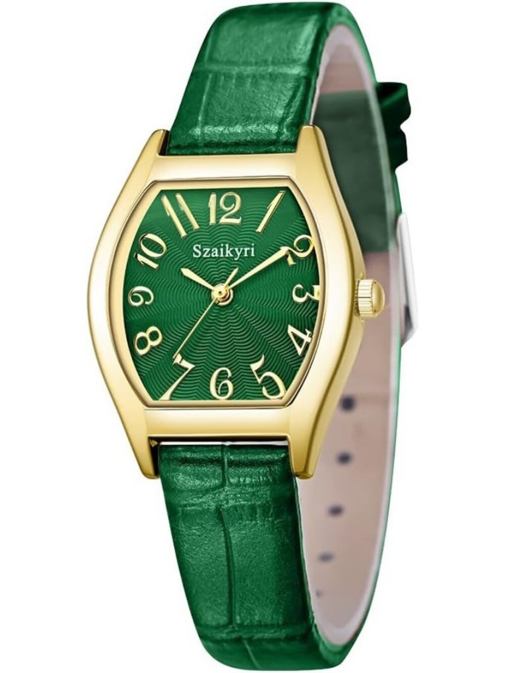 Women's Green-Gold Barrel-Shaped Easy Read Arabic Numerals Dress Wrist Watch - Picture 5 of 6